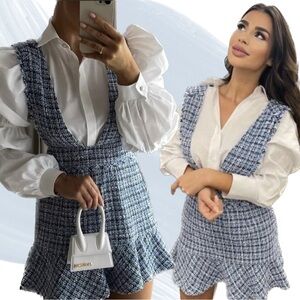 Blue Textured Pinafore Dress